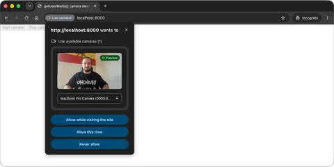Chrome asking for camera access after a getUserMedia() call